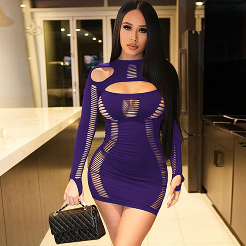 Women Dresses Winter Sexy Cutout round-Neck Long-Sleeved Dress