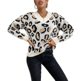 Women Knitted Sweater Autumn and Winter Knitting Long Sleeve Leopard-Print Sweater