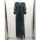 Women Evening Gown Sexy Retro Green Sequins Dress Long Dress