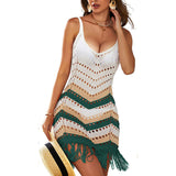Women Knit Beach Cover Bikini Blouse Summer Knitted Beach Sun Protection Clothing Tassel Striped Vest Skirt