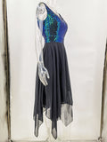 Women Evening Gown Sexy Retro Chiffon Stitching Green Sequins Dress