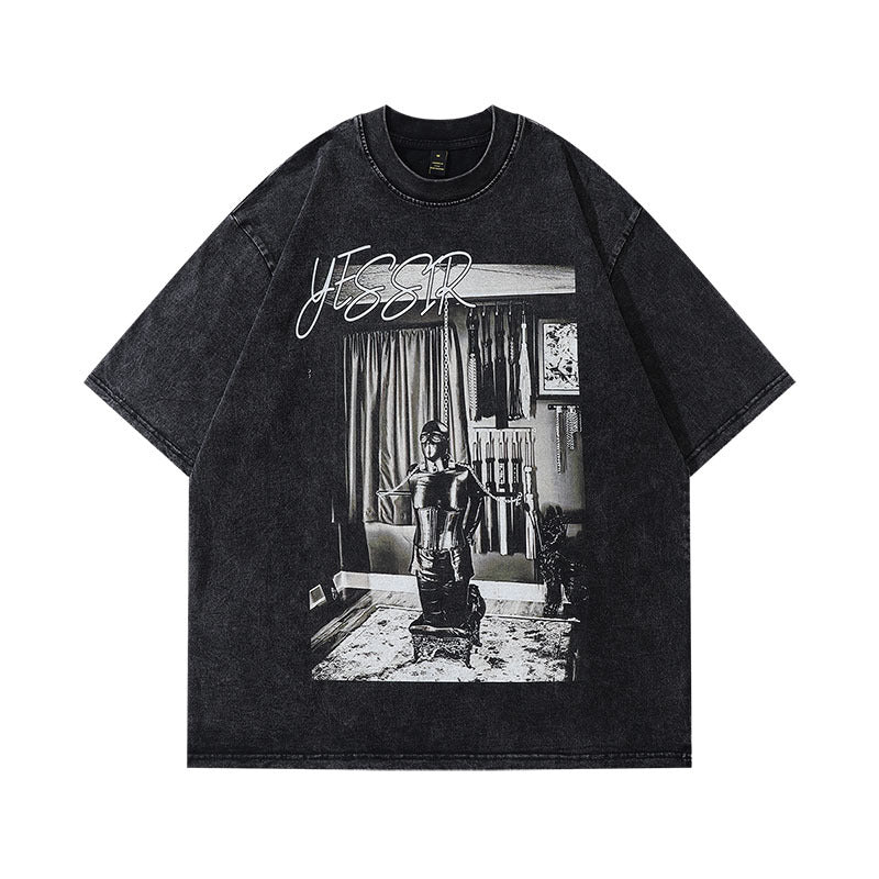 Men T Shirt Printed Washed Distressed Short Sleeve T-shirt Men Oversize Half Sleeve Tee