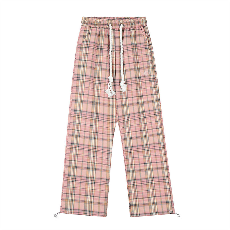 Men Sweatpants Straight Plaid Casual Pants Summer Loose Wide Leg Track Pants