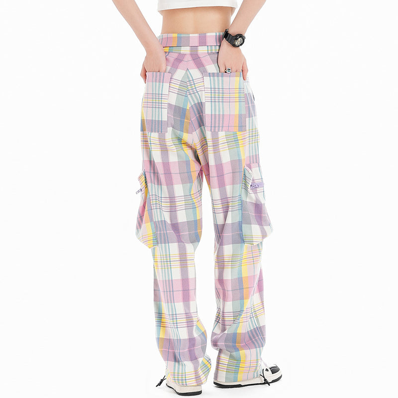Women Pants Plaid Large Pocket Overalls Loose Wide Leg Casual Trousers
