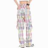 Women Pants Plaid Large Pocket Overalls Loose Wide Leg Casual Trousers