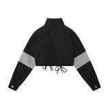 Women Jacket Short Coat Autumn Stand Collar Stitching Long Sleeve High Waist Jacket