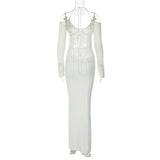 Women Dresses Spring Sexy Backless Lace up Slim Fit Hollow out Long Sleeve Dress