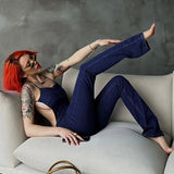 Women Jumpsuit Summer Denim Backless Straight Strap Jumpsuit (Hawthaw0412)