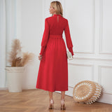 Women Date Dress Stand Collar Long Sleeve Skirt