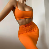 Women Dresses Fall Spaghetti-Strap Camisole Top Sexy Casual Skirt Suit Two-Piece Set (Bla0420)