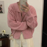 Women Knitted Cardigan Retro Plaid Double Zipper Lapel Knitted Cardigan Sweater Coat