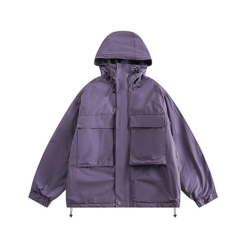 Unisex Winter Cotton Coat Three-Dimensional Pocket Decoration Hooded Cotton Jacket Retro Workwear Cotton-Padded Coat