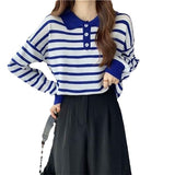 Women Knitwear Autumn and Winter Striped Polo Collar Knitwear Loose Retro Sweater
