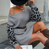 Women Knitted Sweater Leopard Print Stud for Autumn and Winter Woolen Skirt