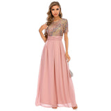 Women Evening Gown Sexy Chiffon Stitching Sequins Dress