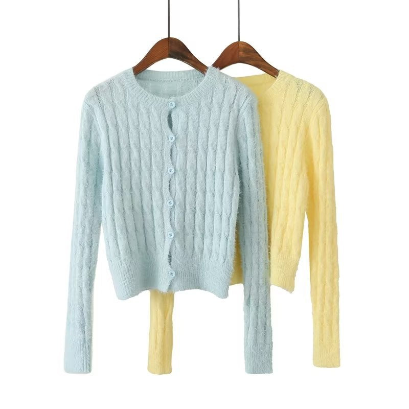 Women Sweater Knitwear Autumn Slim round Neck Single-Breasted Short Sweater