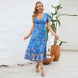 Women Date Dress Floral Dress Short Sleeve V-neck Bohemian A- line Skirt