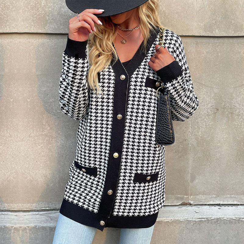 Women Knitted Sweater Autumn and Winter Long Sleeve Houndstooth Sweater Coat