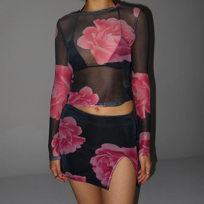 Women Co-Ord Set Sexy Mesh Suit Long Sleeve Top Short Skirt Suit
