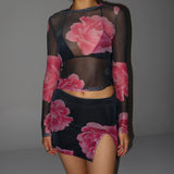 Women Co-Ord Set Sexy Mesh Suit Long Sleeve Top Short Skirt Suit