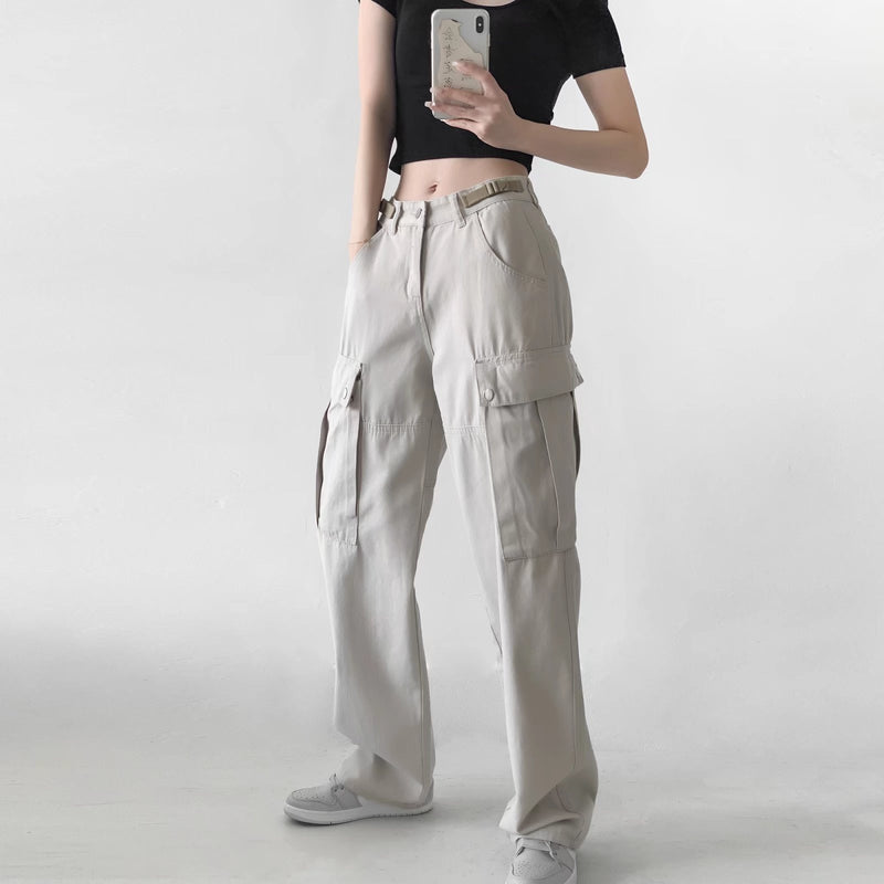 Women Sweatpants Multi-Pocket Casual Working Pants Women Loose Straight-Leg Wide-Leg Pants