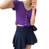 Women Knitted T-shirt Vintage Slim Short-Sleeved Tops Cardigan