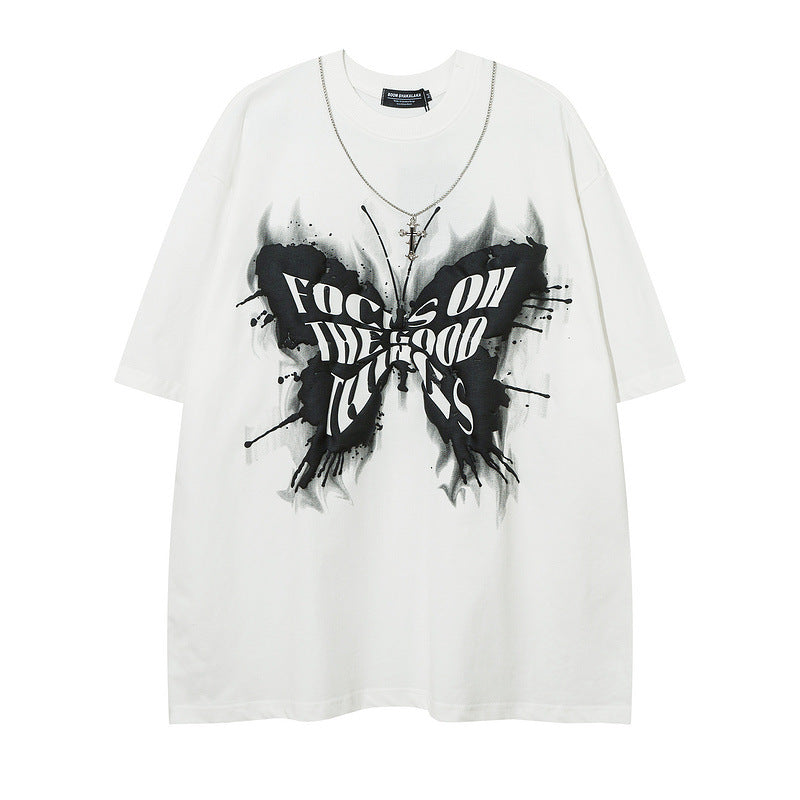 Men T Shirt Butterfly Graffiti Necklace Couple Short Sleeve T-shirt