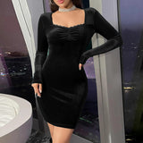 Women Dress Autumn Square Collar Sheath Long Sleeve Velvet Sexy Dress