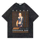 Washed retro T-shirt, chainsaw man cartoon print casual short sleeves