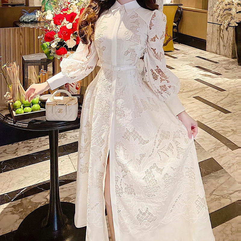 Women Dresses Spring Lace Embroidered Stand Collar Puff Sleeve Dress Long Dress (Qymy0409)