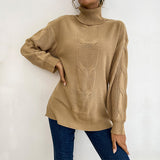 Women Knitted Sweater Turtleneck Solid Color Long Sleeve Twist Mid-Length Sweater
