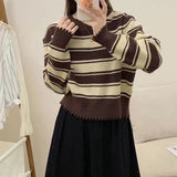 Women Knitwear Autumn Winter Retro Striped round Neck Sweater Loose Sweater