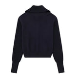 Women Sweater Knit Wear Zipper Wide Collar Casual Top Sweater