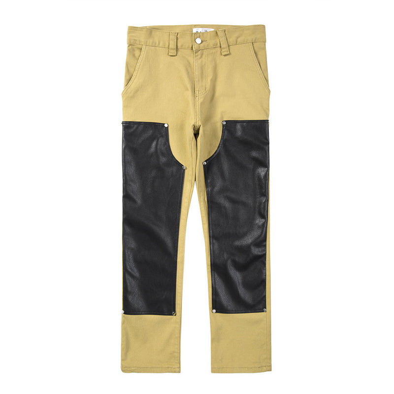 Men Sweatpants Contrast Color PU Leather Patchwork Casual Pants Loose Straight Trousers Casual Pants
