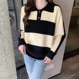 Women Knitwear Autumn Winter Retro Striped Polo Collar Knitwear Loose Casual Sweater