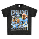 Mens Vintage Football T-Shirt Haaland Printed Short Sleeve T-Shirt Vintage Washed Loose