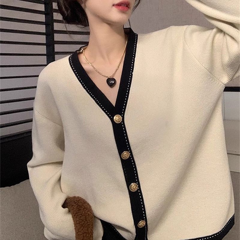 Women Knitwear Autumn Winter Retro Contrast Color V-neck Sweater Loose Knitted Cardigan