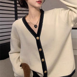 Women Knitwear Autumn Winter Retro Contrast Color V-neck Sweater Loose Knitted Cardigan
