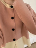 Women Knitted Cardigan Retro Short Knitted Cardigan Loose Color Matching round Neck Sweater Coat