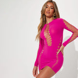Women Dresses Sexy Hollow Long-Sleeved O-neck Short Dress
