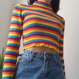 Women Knitted Sweater Spring and Autumn Turtleneck Long Sleeve Striped Sexy Short Sweater Sweater