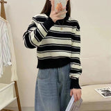 Women Knitwear Autumn Winter Retro Striped round Neck Sweater Loose Sweater