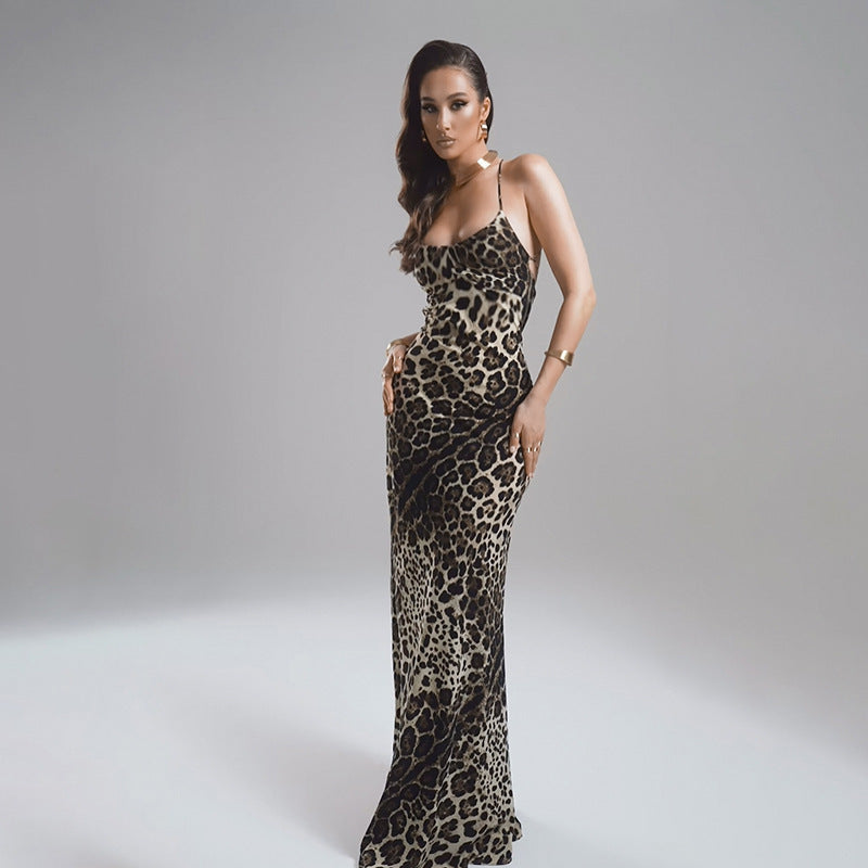 Women Dresses Summer Slim Strap Dress Sexy Leopard Print Backless Dress
