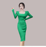 Women Maxi Dress Autumn and Winter Bubble Sleeve Mid-Length Hip Skirt Knitted Dress