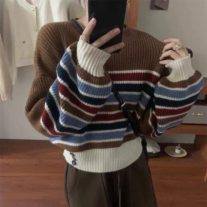 Women Knitwear Spring and Autumn Stripes round Neck Sweater Loose Cropped Sweater