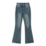 Women Pants Decorative Rivets Flared Jeans Wide Leg Trousers