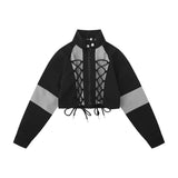 Women Jacket Short Coat Autumn Stand Collar Stitching Long Sleeve High Waist Jacket