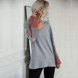 Women Knitted Sweater Fall Color-Blocking Gray Long Sleeves V-neck Sweater