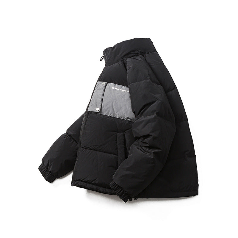 Unisex Winter Cotton Coat Patch Pocket Decorative Stand-up Collar down Jacket Retro Loose down Jacket