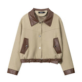 Women Jacket PU Leather Stitching Contrast Color Lapels Jacket